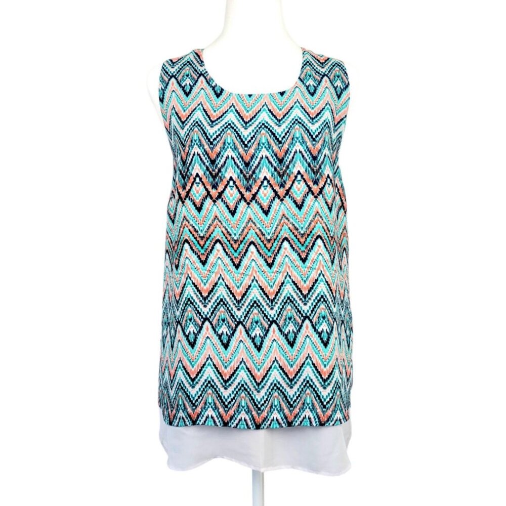 Womens XL Zac & Rachel Chevron Aztec Print Zipper Back Design Layered Sheer Top